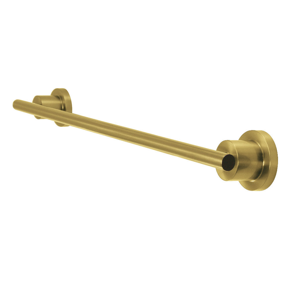 Single towel bar with brushed brass finish, straight bar and round wall-mount flanges