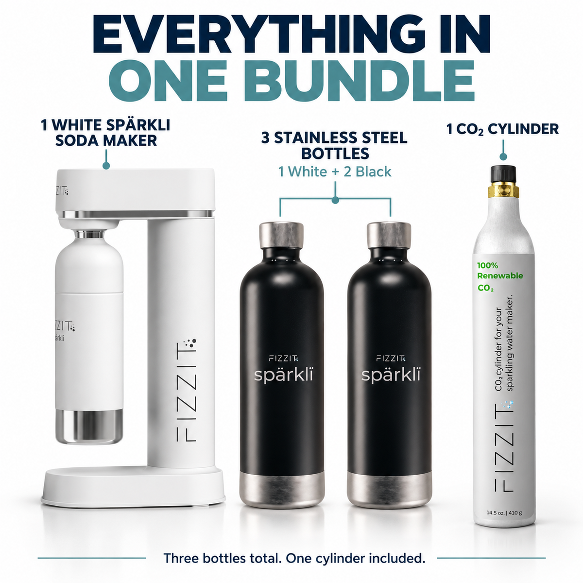 Fizzit Spärklï Sparkling Water Maker in White with 3 Stainless Steel Bottles and 60L CO2 Cylinder (FI-W-2SSB-1C)