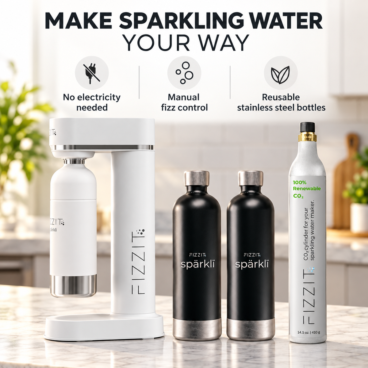 Fizzit Spärklï Sparkling Water Maker in White with 3 Stainless Steel Bottles and 60L CO2 Cylinder (FI-W-2SSB-1C)