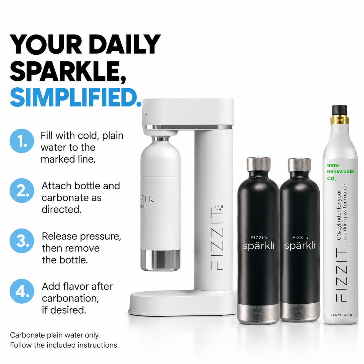 Fizzit Spärklï Sparkling Water Maker in White with 3 Stainless Steel Bottles and 60L CO2 Cylinder (FI-W-2SSB-1C)
