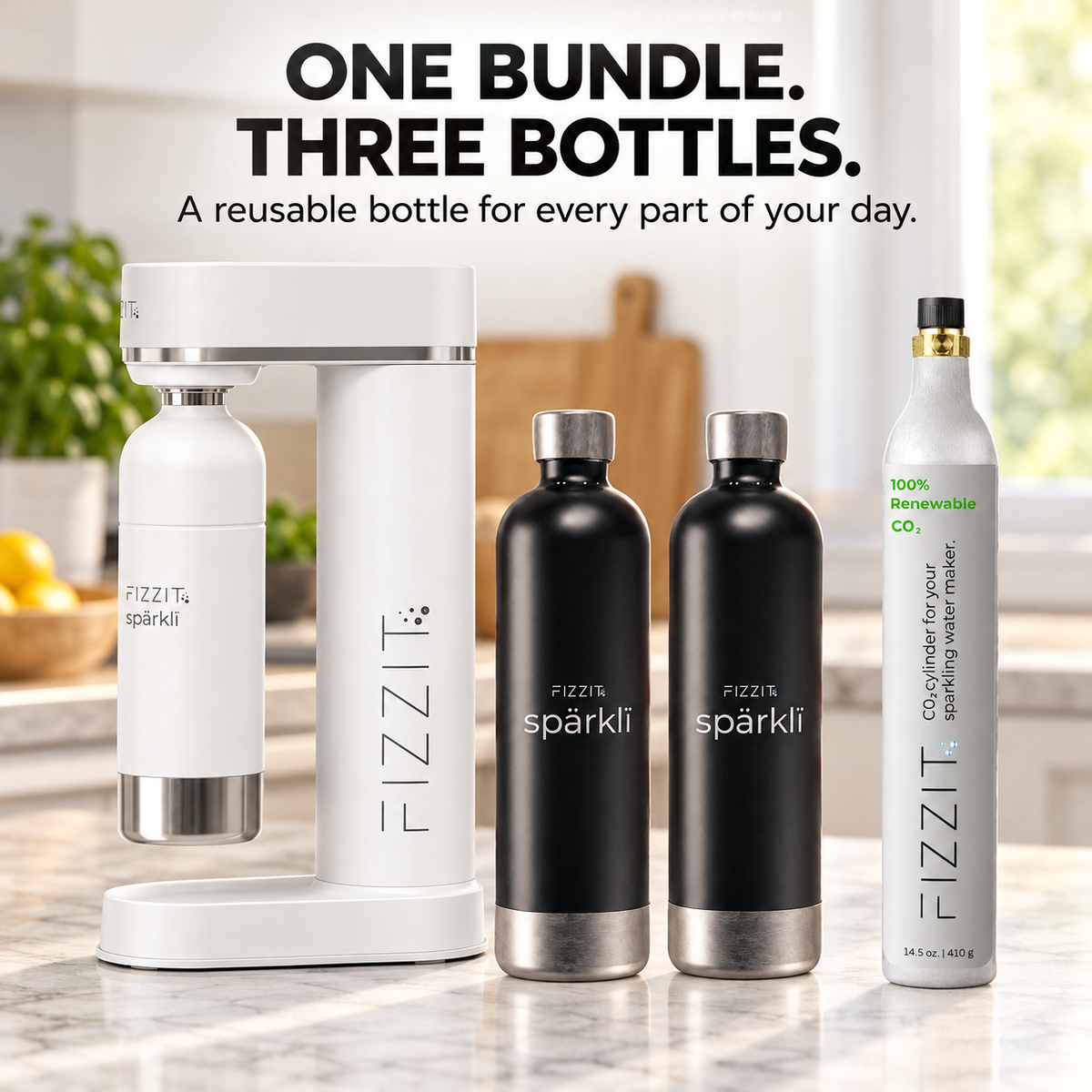 Fizzit Spärklï Sparkling Water Maker in White with 3 Stainless Steel Bottles and 60L CO2 Cylinder (FI-W-2SSB-1C)