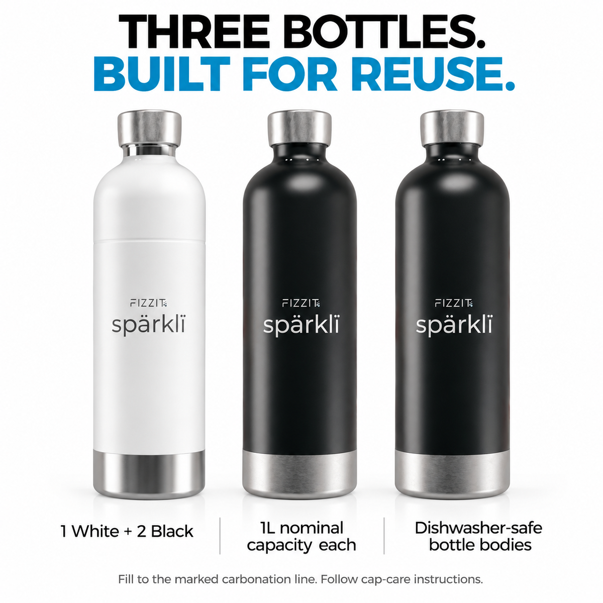 Fizzit Spärklï Sparkling Water Maker in White with 3 Stainless Steel Bottles and 60L CO2 Cylinder (FI-W-2SSB-1C)