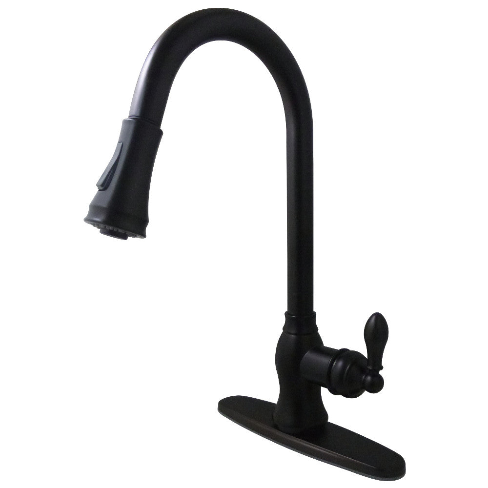 Oil-rubbed bronze pull-down kitchen faucet with gooseneck spout and side handle