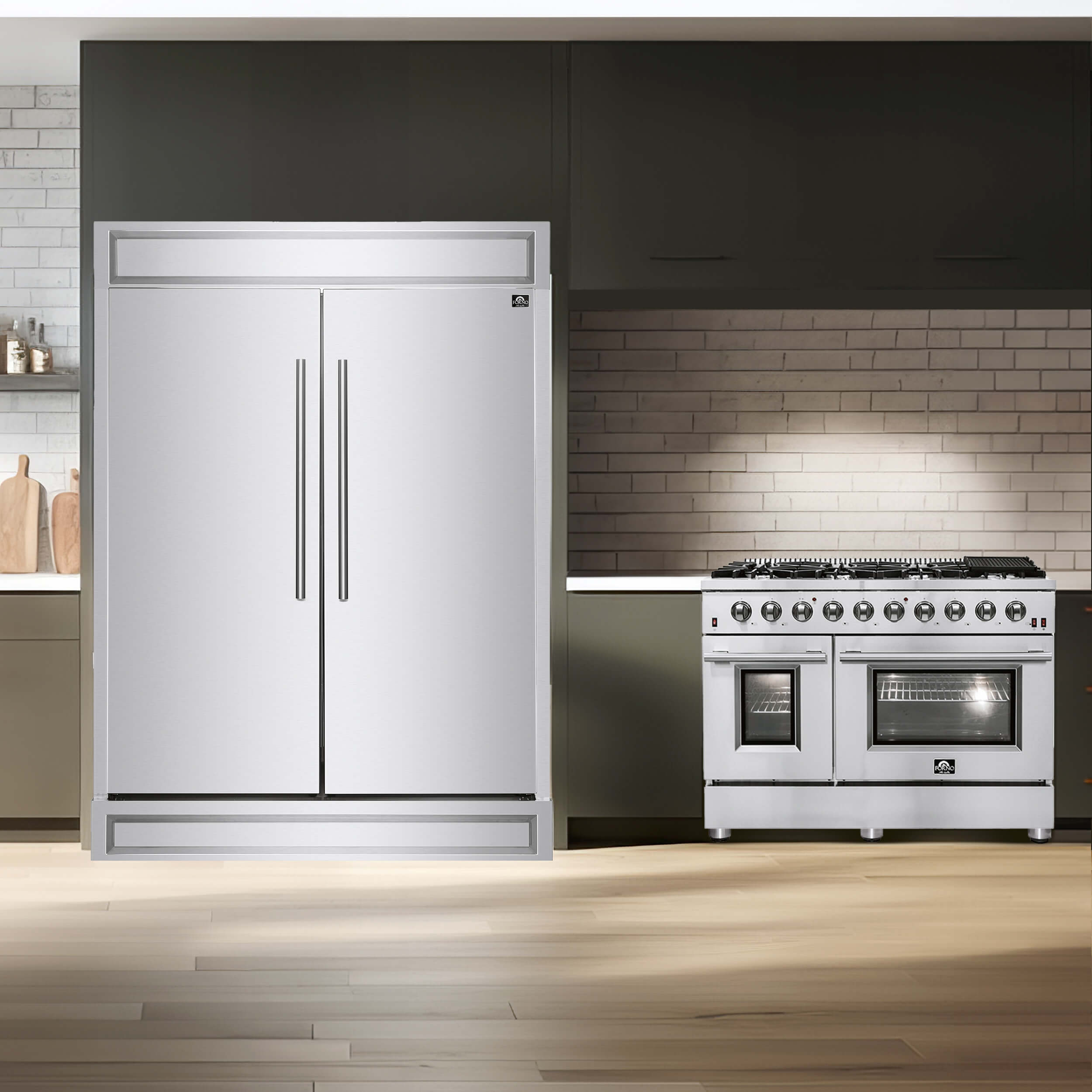 Stainless steel built-in refrigerator next to a gas range in kitchen