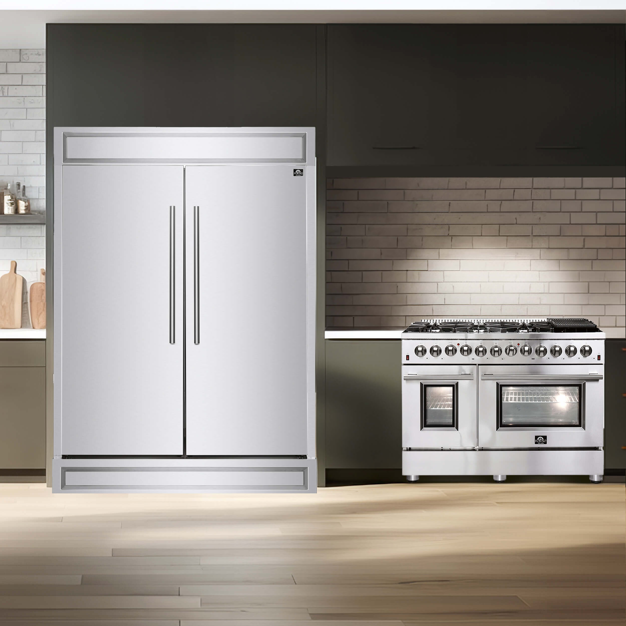 Stainless steel refrigerator and white dual fuel range side by side in a kitchen