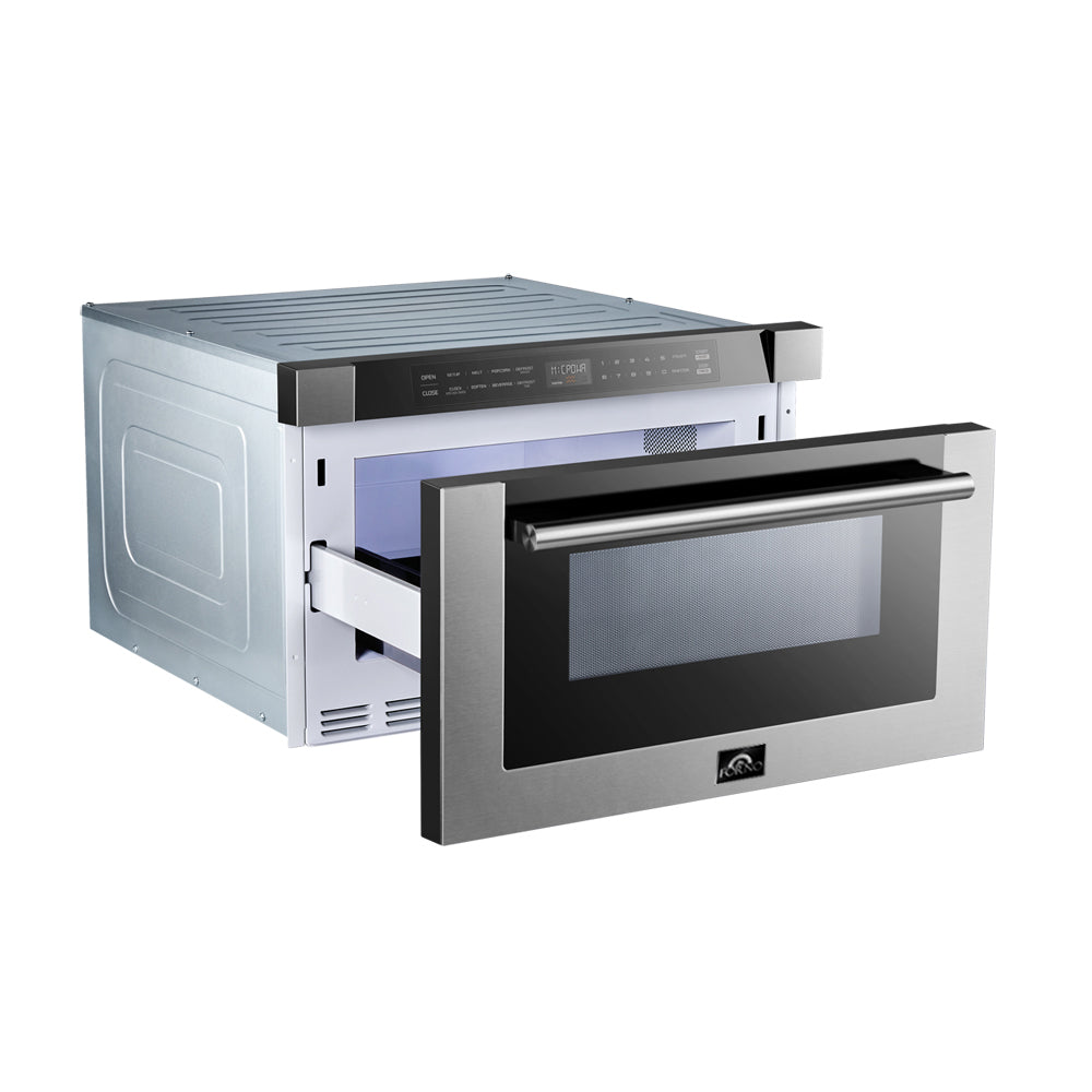 Microwave drawer open, showing interior cavity and stainless face