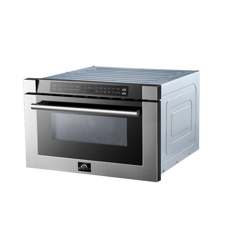 Forno 5-Piece Appliance Package - 48-Inch Dual Fuel Range, 60-Inch Refrigerator, Wall Mount Hood with Backsplash, 24-Inch Microwave Drawer, & 3-Rack Dishwasher in Stainless Steel
