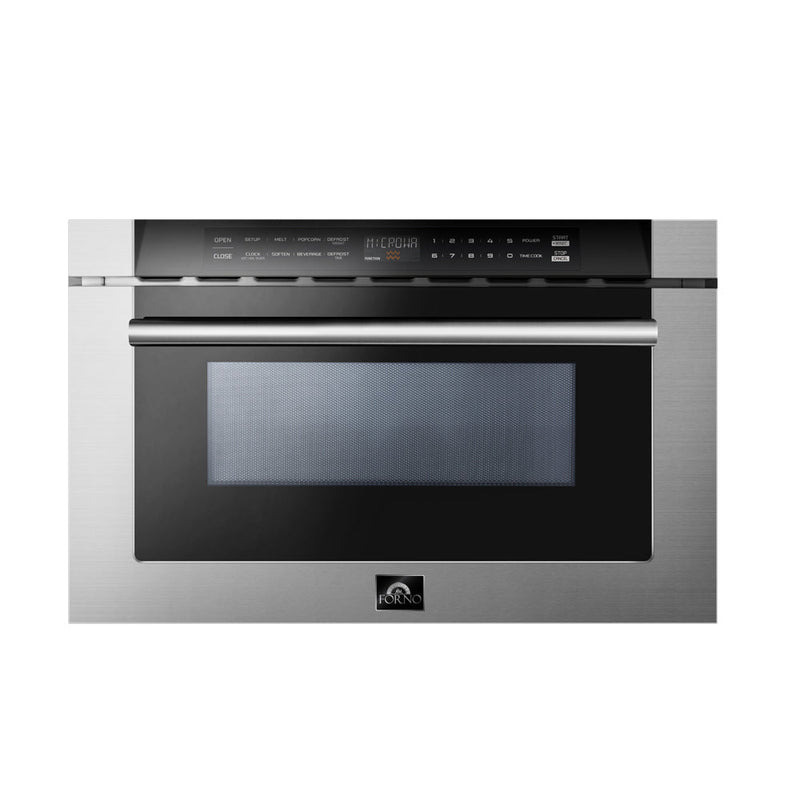 Forno 5-Piece Appliance Package - 48-Inch Dual Fuel Range, 60-Inch Refrigerator, Wall Mount Hood with Backsplash, 24-Inch Microwave Drawer, & 3-Rack Dishwasher in Stainless Steel