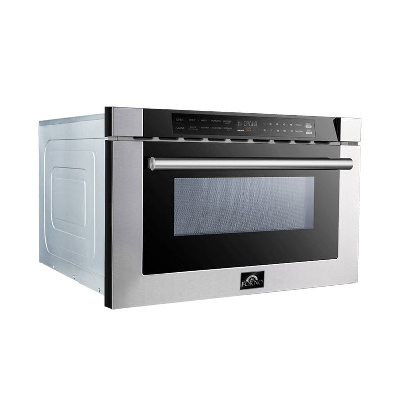 Forno 5-Piece Appliance Package - 36-Inch Gas Range, 60-Inch Refrigerator, Wall Mount Hood with Backsplash, 24-Inch Microwave Drawer, & 3-Rack Dishwasher in Stainless Steel