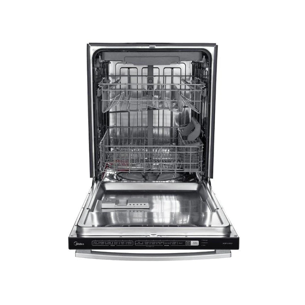 Built-in dishwasher with open door showing stacked racks inside stainless tub