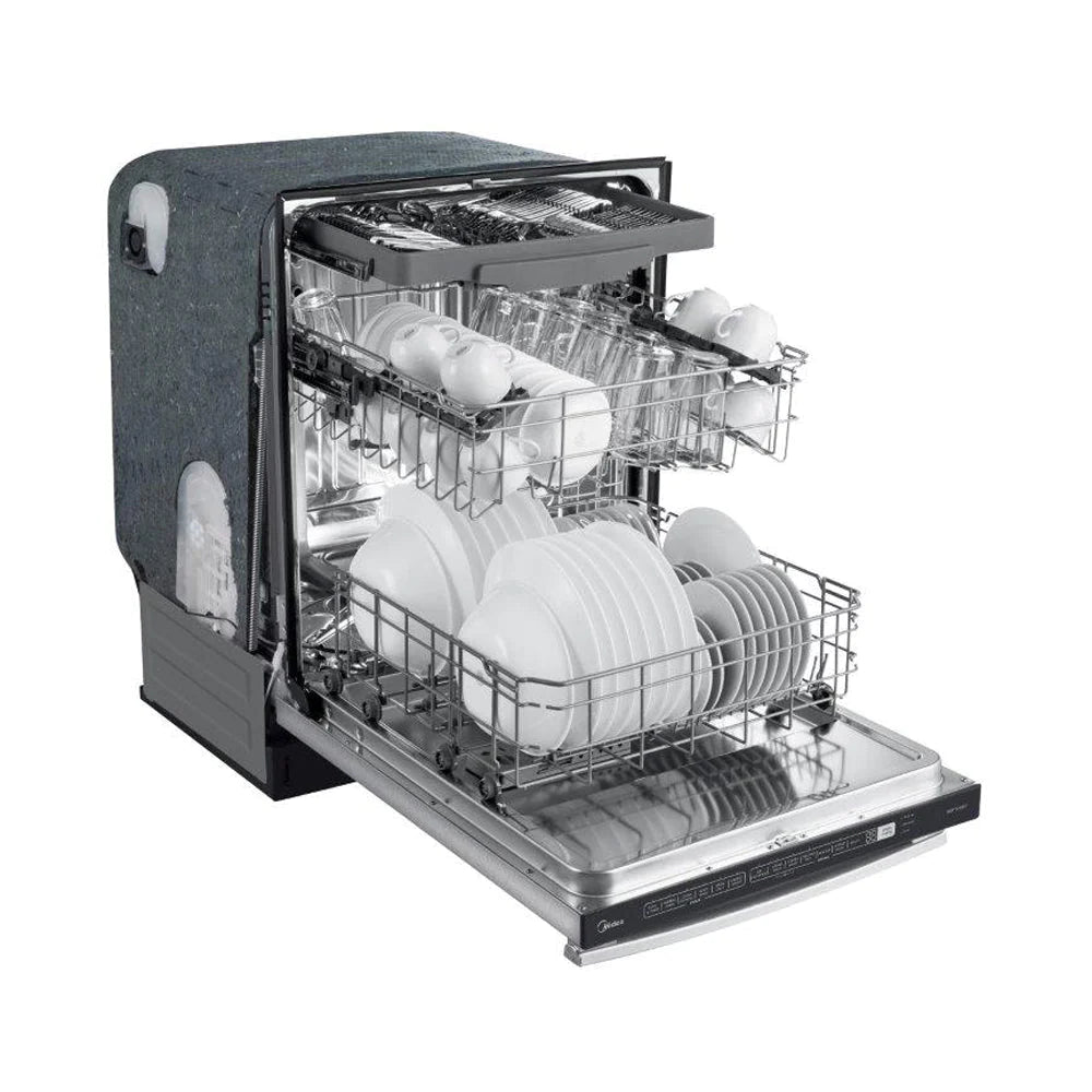 Dishwasher with open door showing upper rack, lower rack, and stainless interior