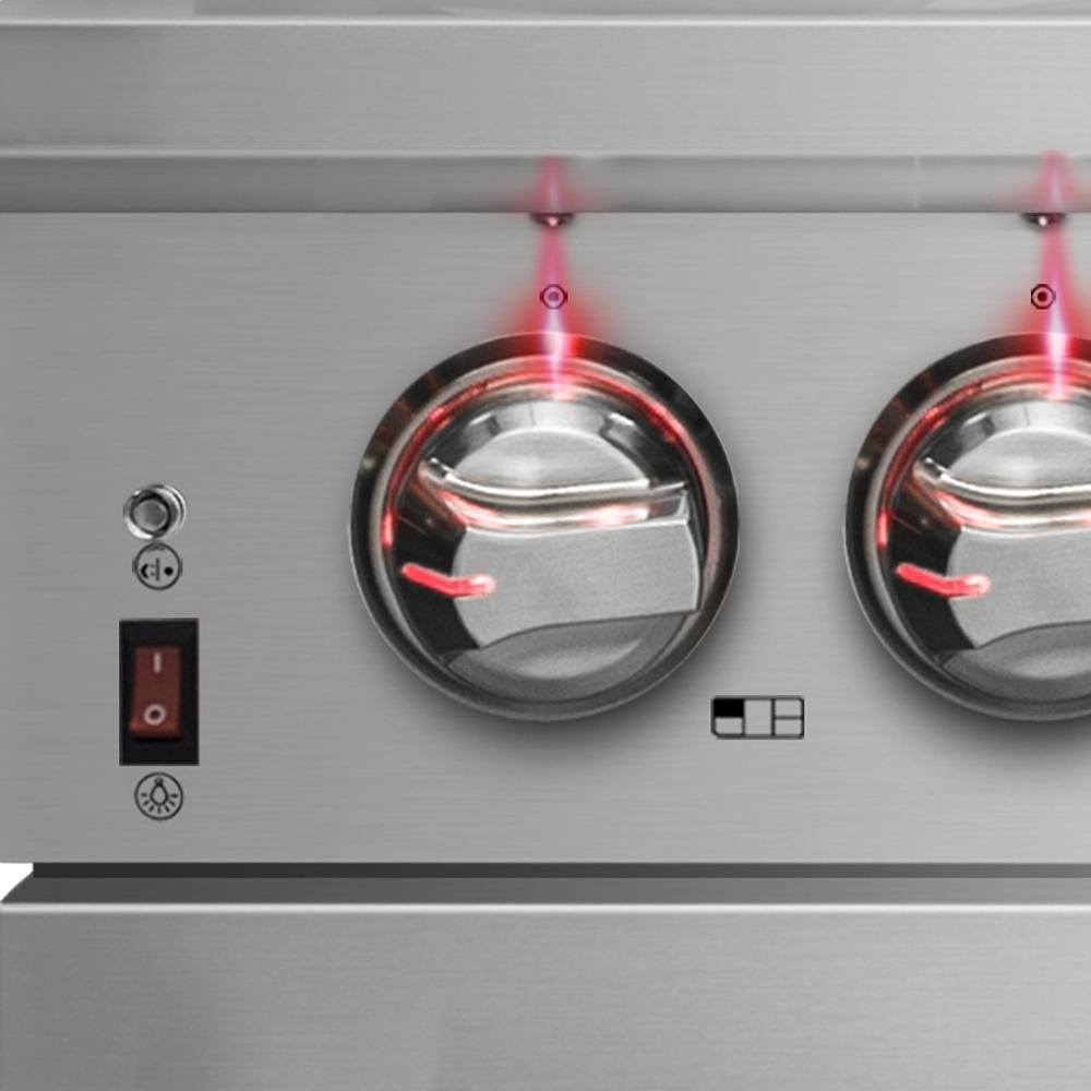 Stainless dual-fuel burner knobs with red heating indicator glow on control panel