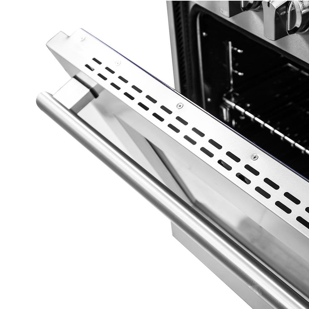 Dual fuel range oven door vent and stainless trim detail