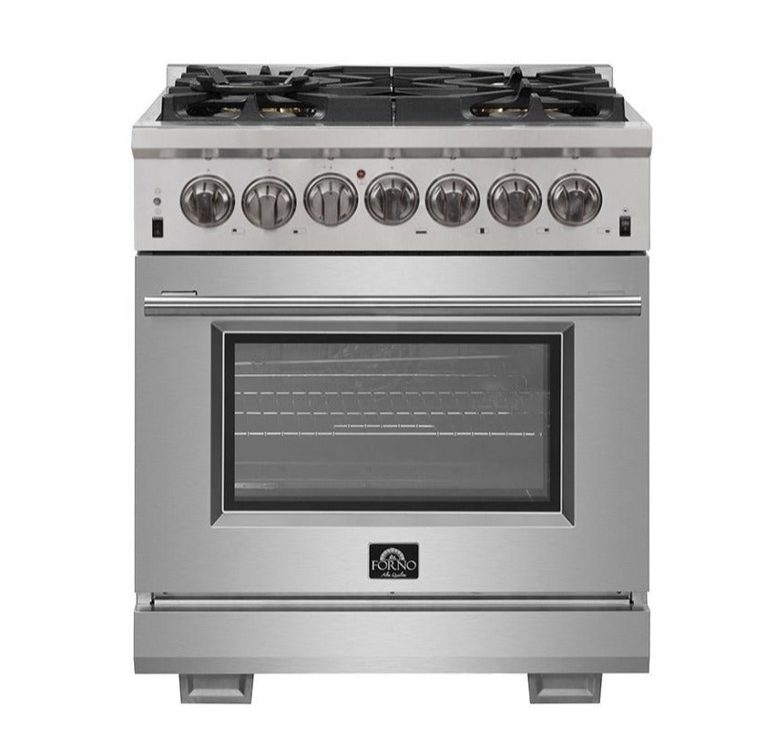 Stainless dual-fuel range with oven door window, control knobs, and black cooktop grates