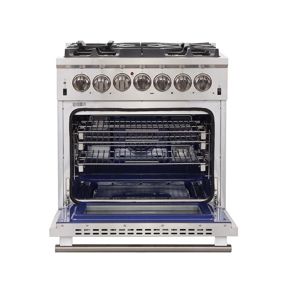 Open stainless steel oven with racks inside dual fuel range