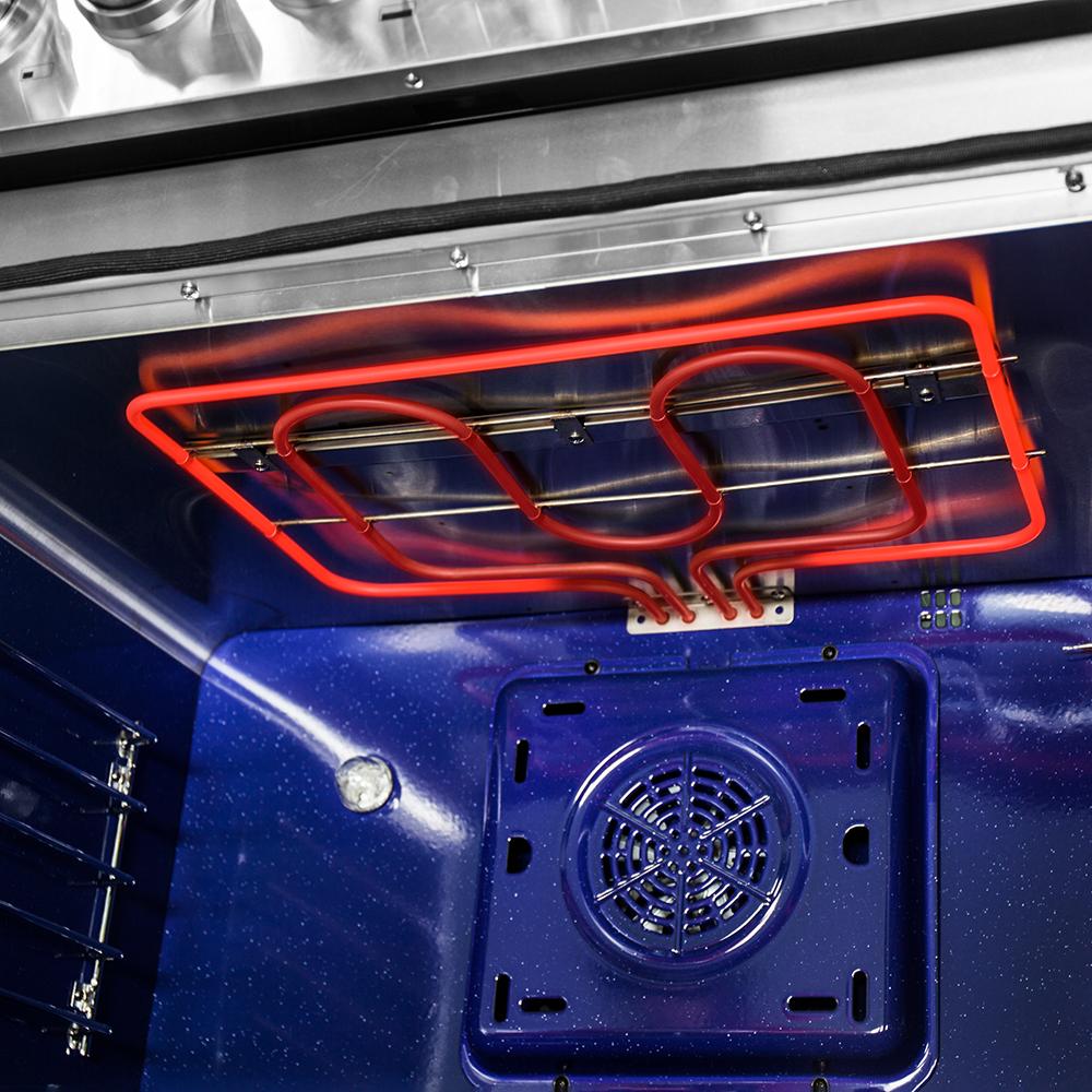 Dual fuel range oven rear with illuminated red heating element inside