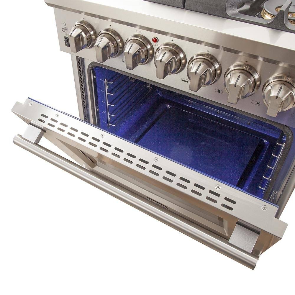 Stainless steel gas range oven door open with control knobs and blue interior