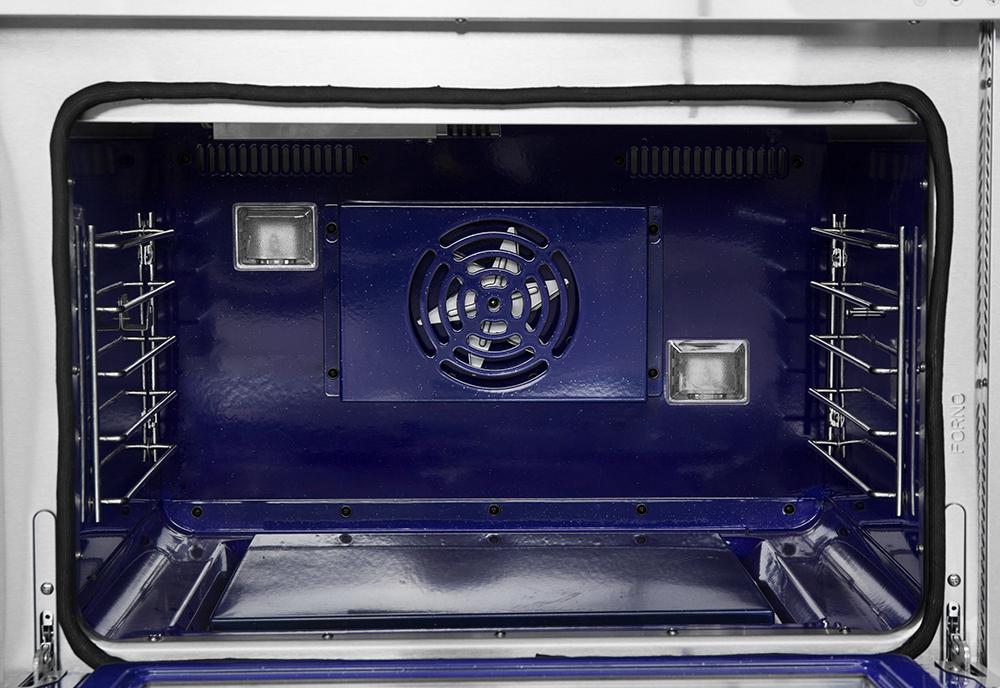 Gas range oven interior with fan and side racks