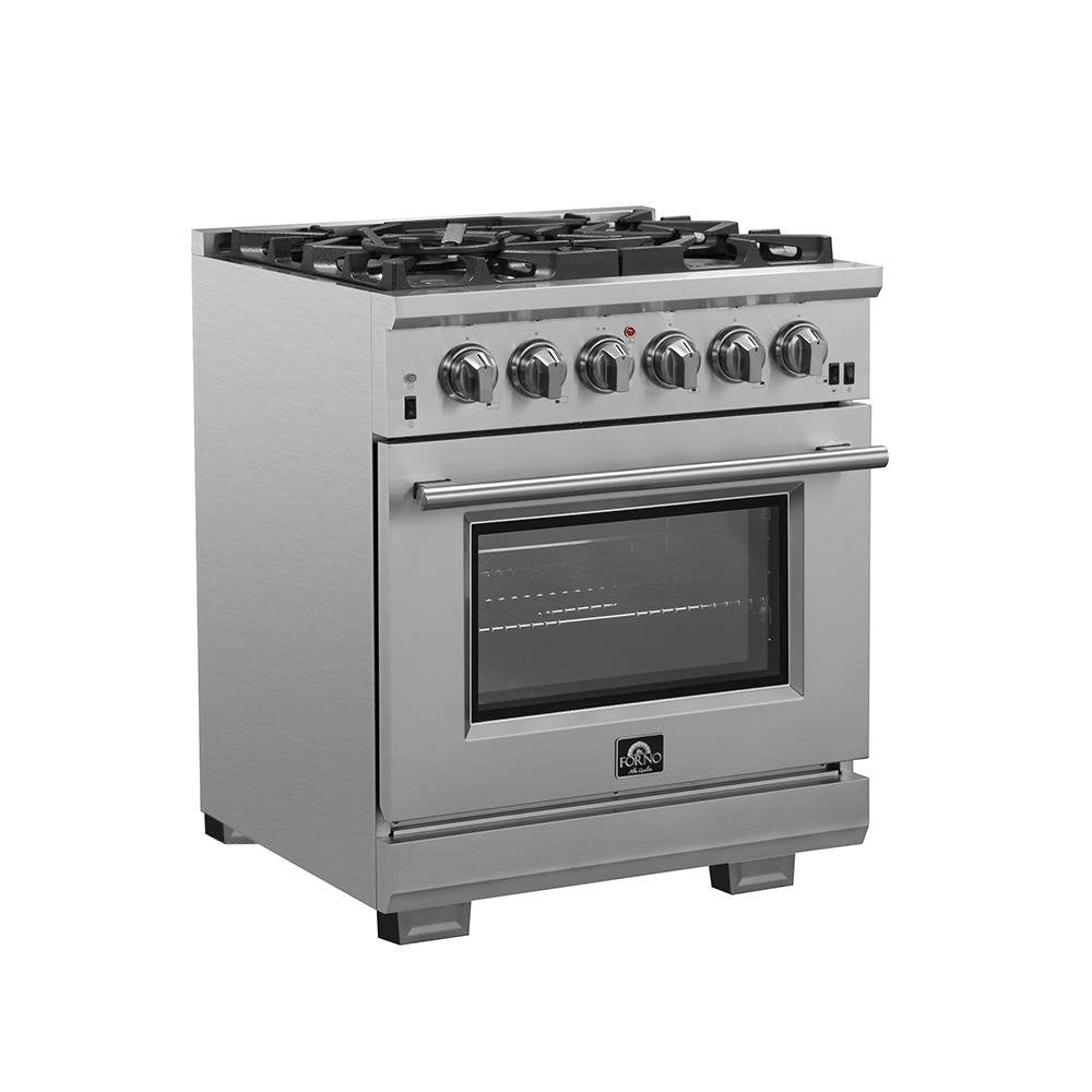 Stainless steel gas range with control knobs and black oven window