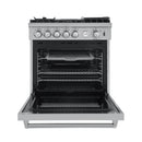 Forno 4-Piece Appliance Package - 30-Inch Gas Range with Air Fyer, 60-Inch Pro-Style Refrigerator, Wall Mount Hood with Backsplash, & 3-Rack Dishwasher in Stainless Steel