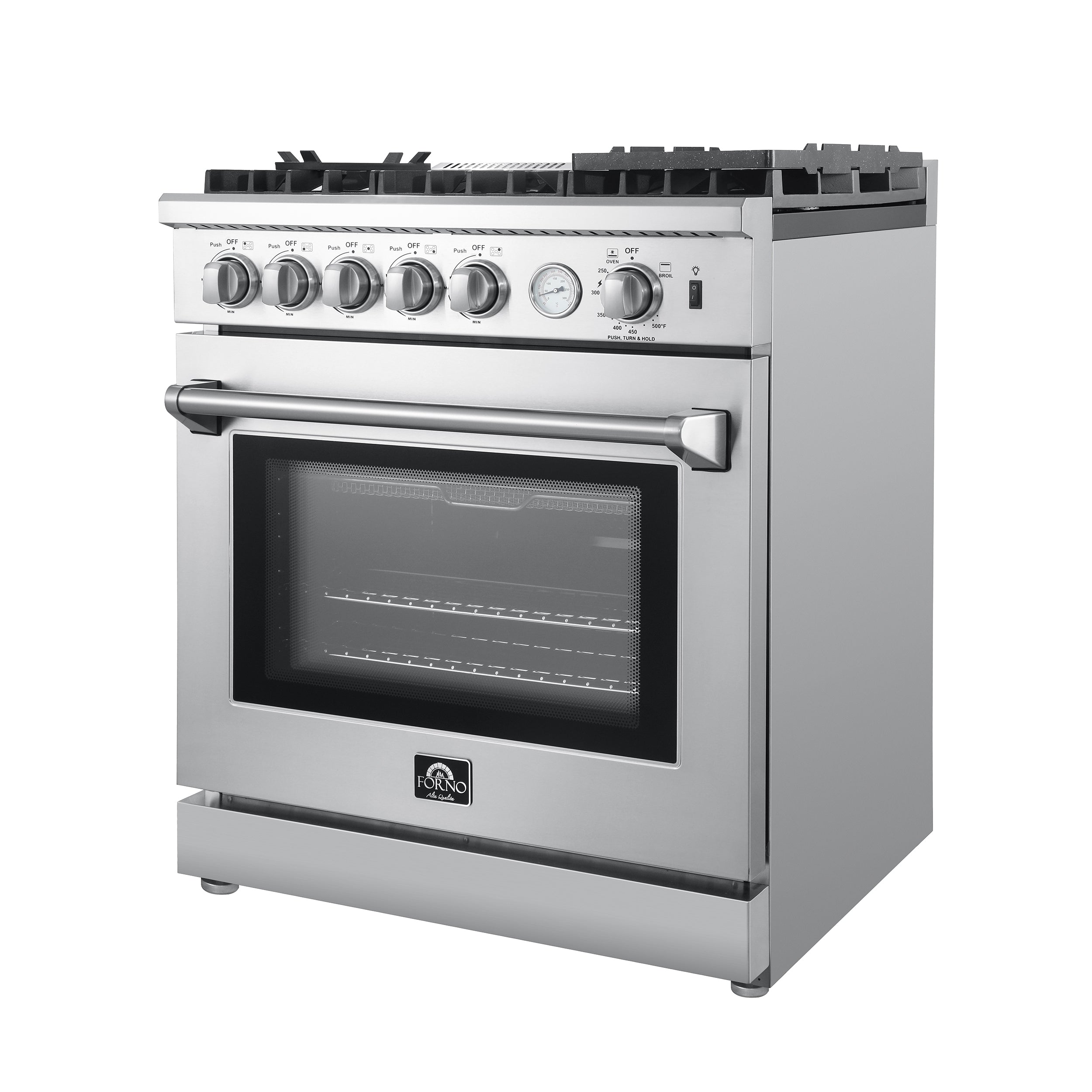 Forno stainless steel gas range, 30-inch, with open oven door and control panel