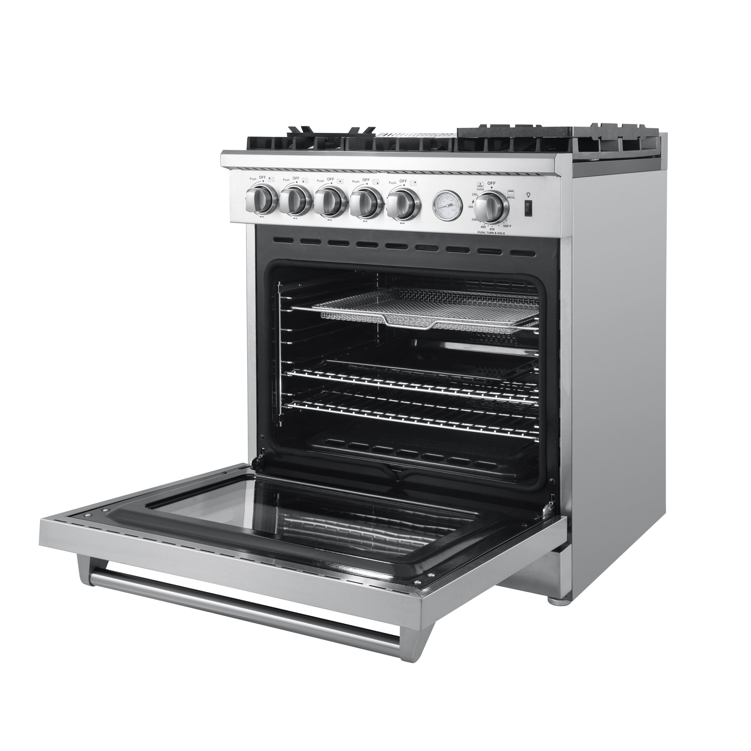 Stainless steel gas range with open oven door and pull-out broil pan tray