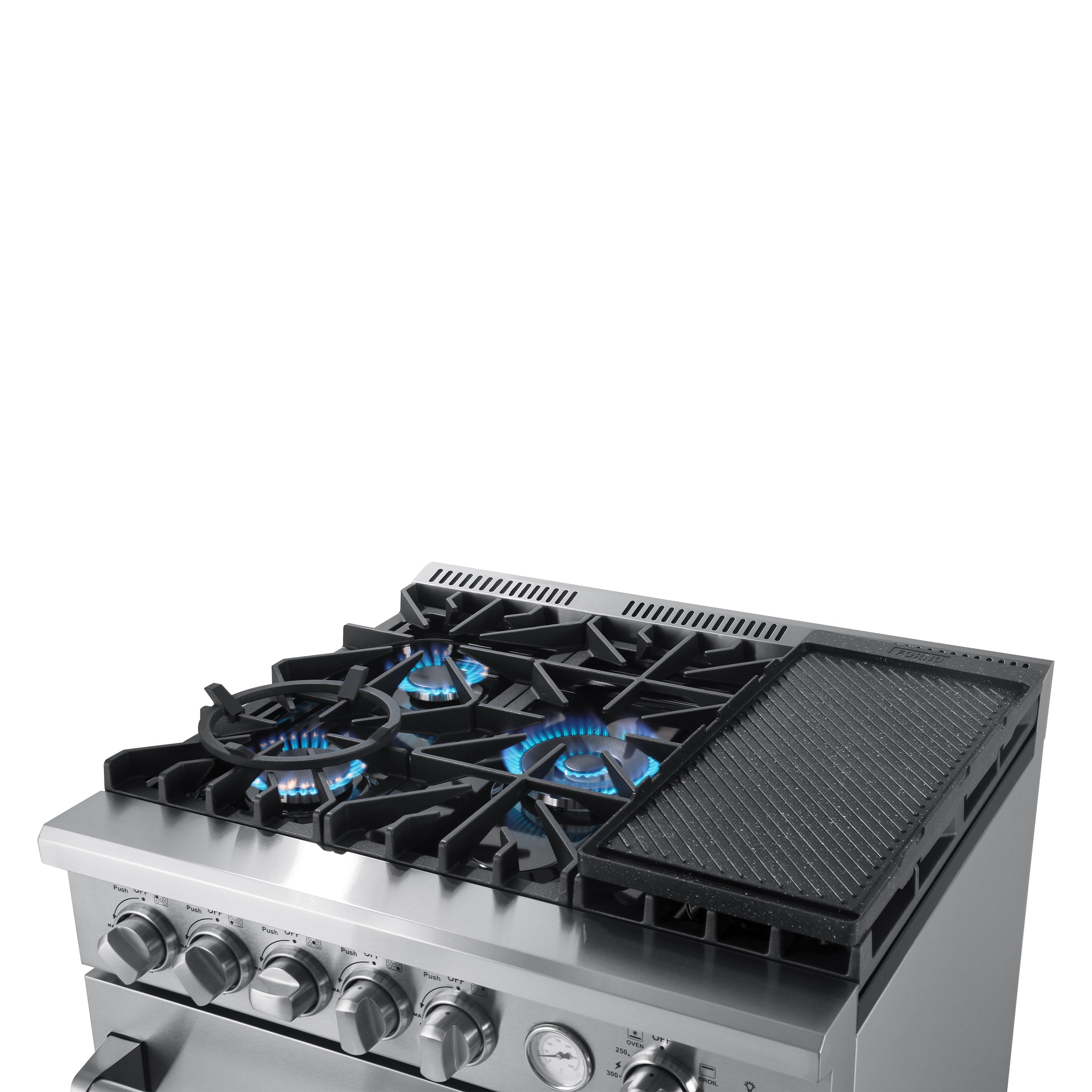 Gas cooktop with lit burners in stainless steel range, black griddle and grates shown
