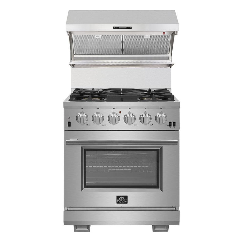 Forno 5-Piece Appliance Package - 30-Inch Electric Range, Wall Mount Range Hood with Backsplash, French Door Refrigerator, Dishwasher, and Microwave Drawer in Stainless Steel