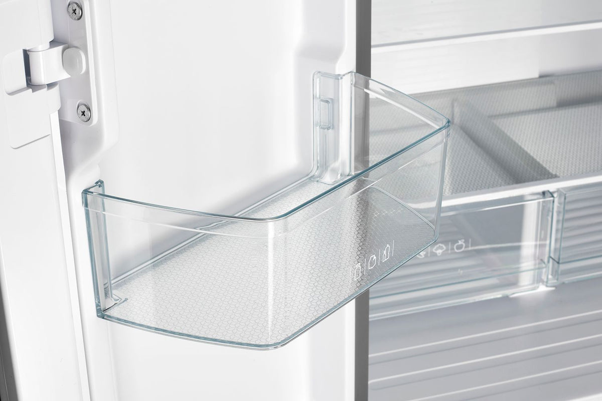 Refrigerator door shelf with transparent bin and wire support inside.