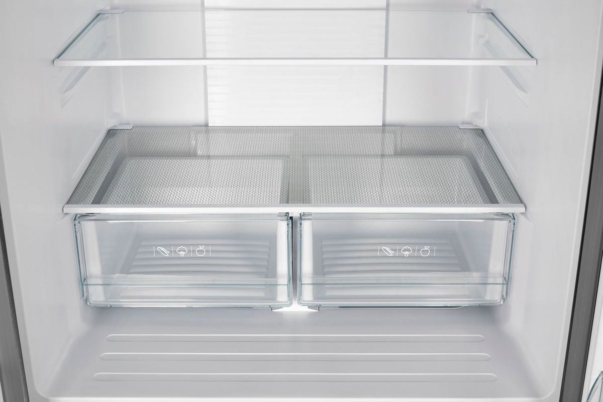 Stainless refrigerator freezer compartment with two glass drawer units and wire grills.
