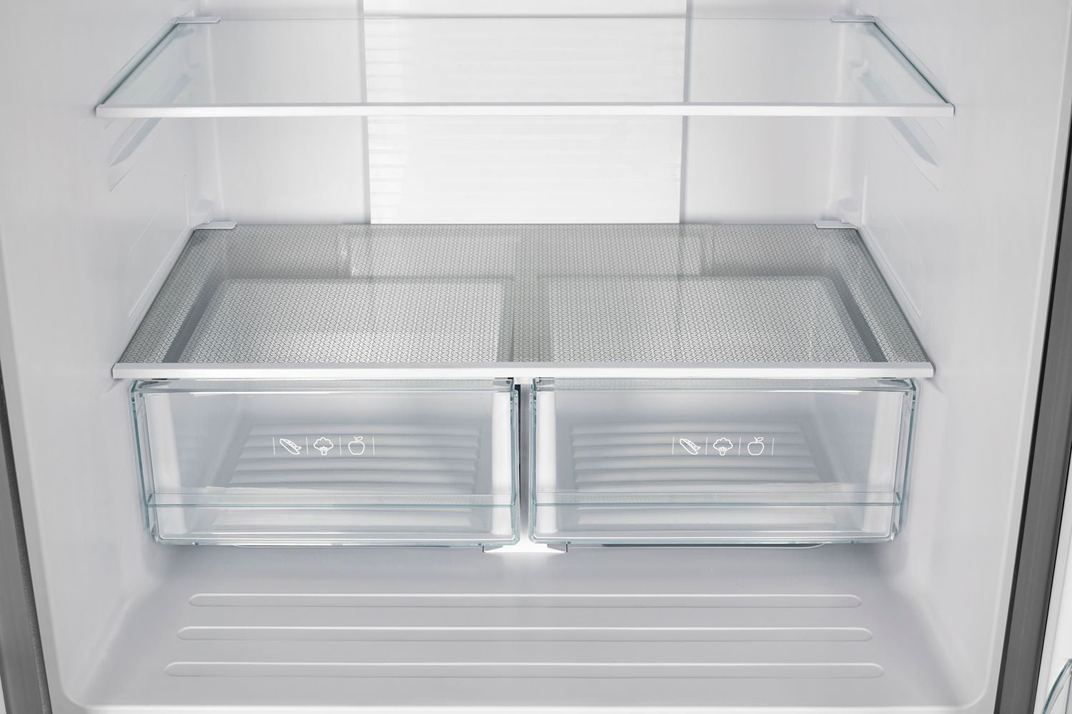 French door refrigerator interior with two glass crisper drawers and mesh inserts