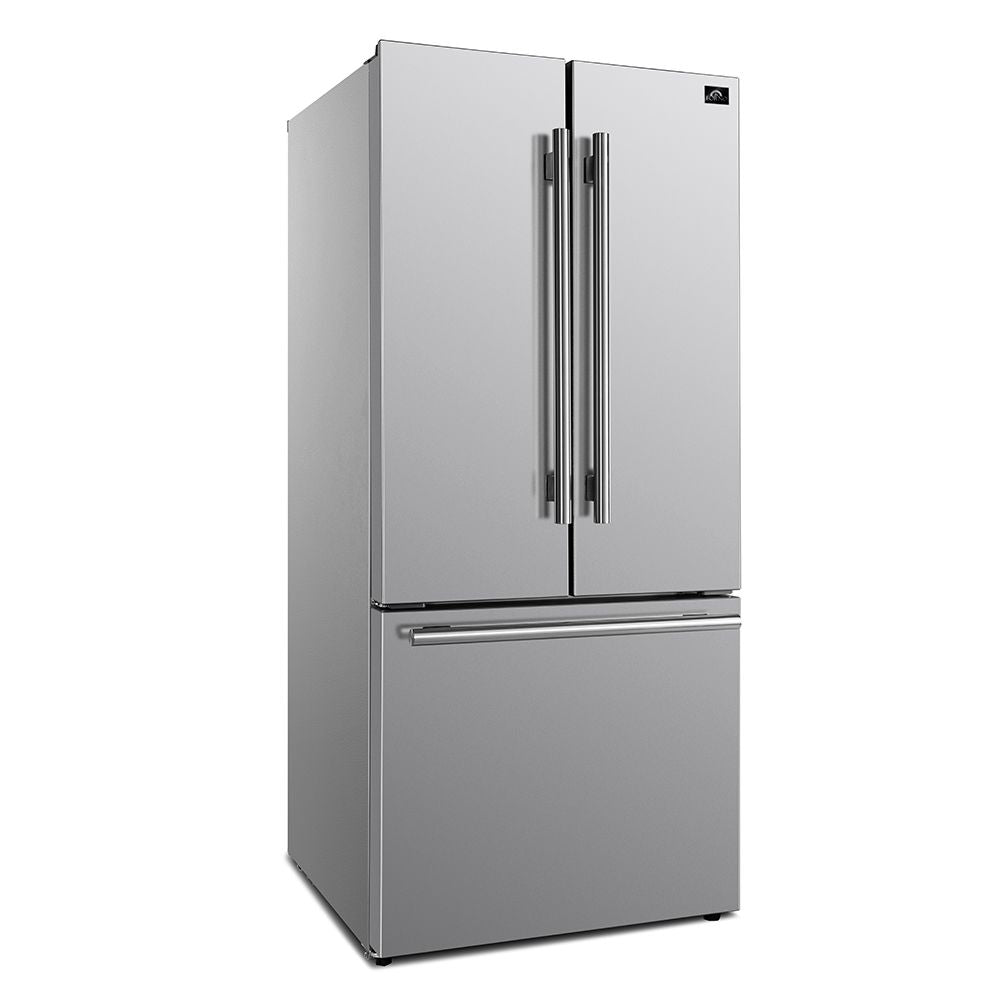 Stainless French door refrigerator with vertical handles and bottom freezer section
