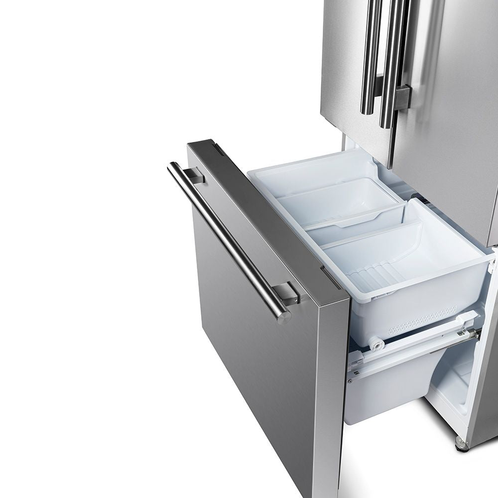 Stainless refrigerator freezer drawer open with tray and storage bin.