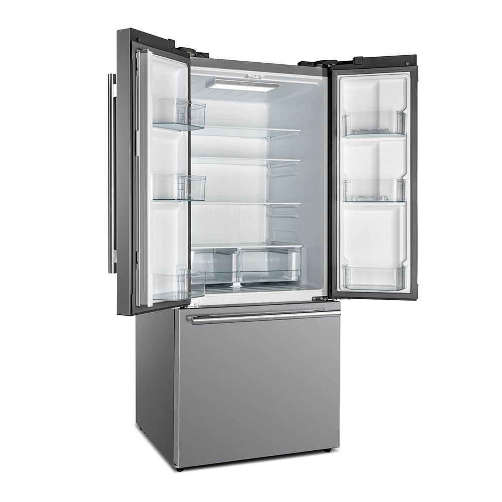 Stainless French door refrigerator with both doors open, showing glass shelves and bins.