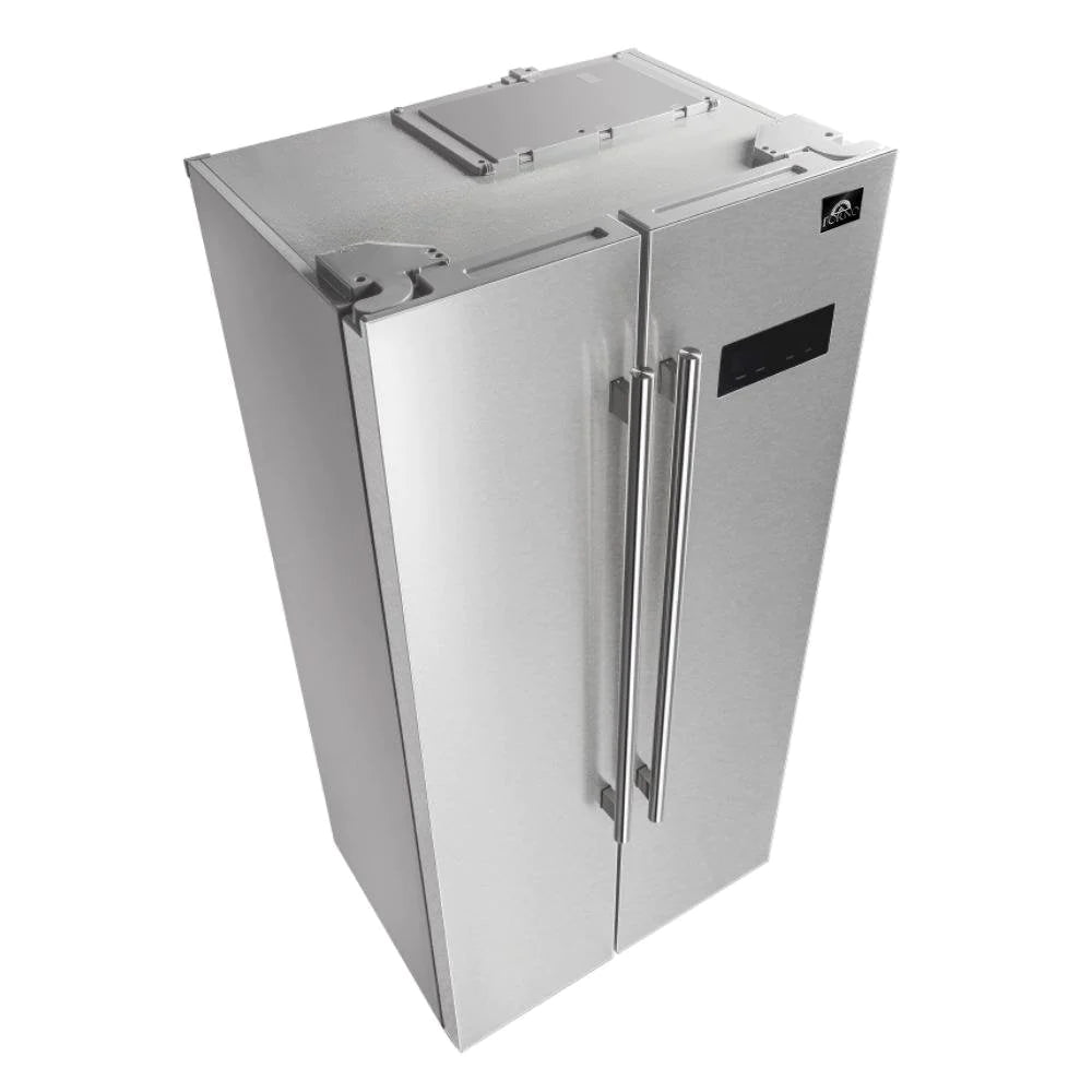 Stainless steel built-in refrigerator with double doors and long vertical handles.