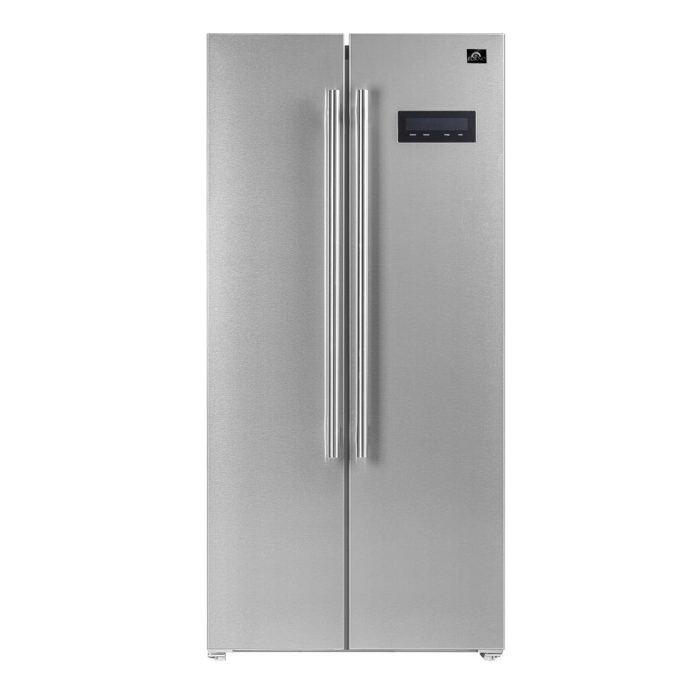 Stainless steel side-by-side refrigerator with dispenser and digital panel