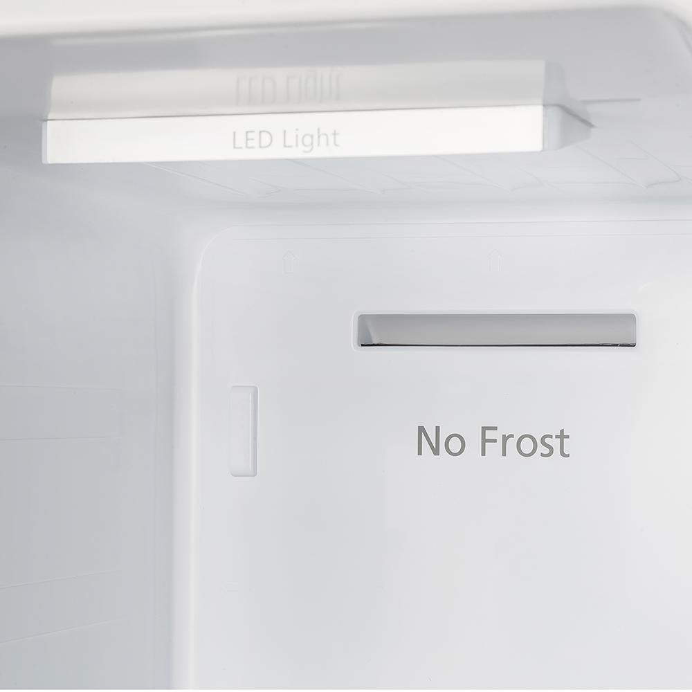Refrigerator door with LED light bar and No Frost label
