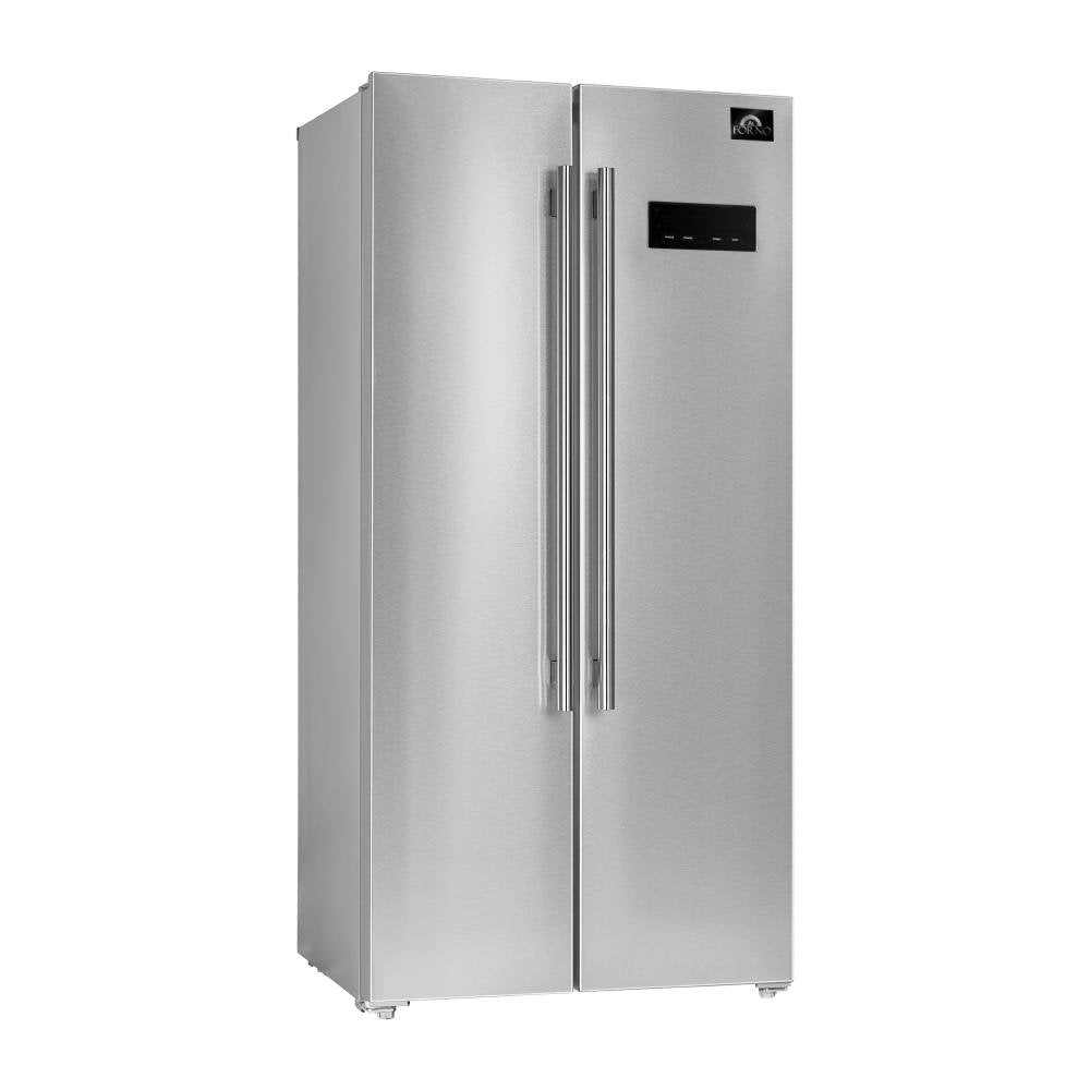 Stainless steel side-by-side refrigerator with twin doors and slim dispenser handles