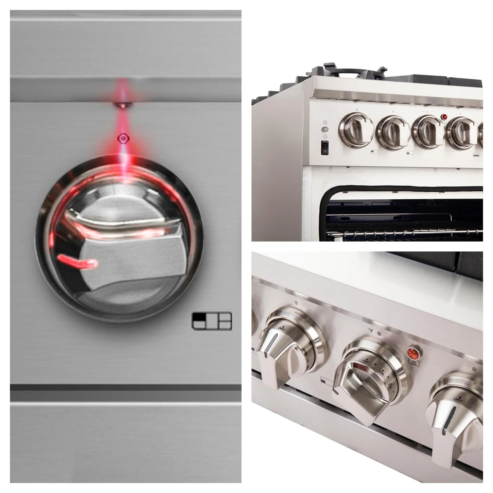 Stainless steel gas range with control knobs and oven door window close-up