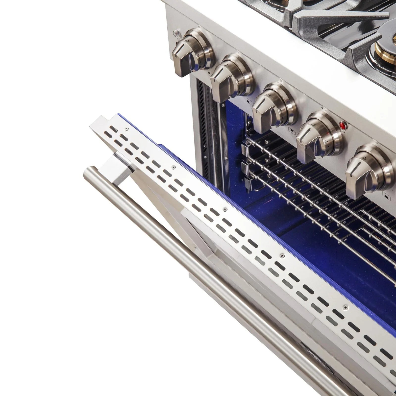 Gas range oven drawer with perforated metal rail and blue interior tray