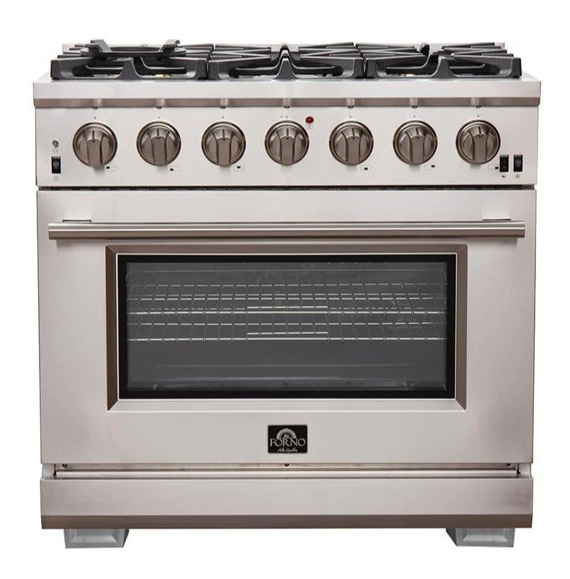 Stainless steel gas range front view with burner knobs and closed oven door
