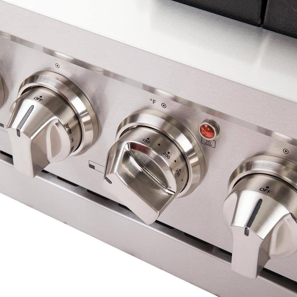 Stainless steel gas range knobs and temperature control dials with OFF markings