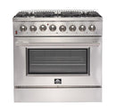 Forno 4-Piece Appliance Package - 36-Inch Dual Fuel Range, 60-Inch Refrigerator, Wall Mount Hood with Backsplash, & 3-Rack Dishwasher in Stainless Steel