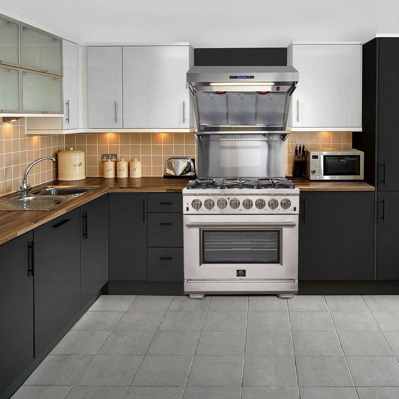 Forno 3-Piece Appliance Package - 36-Inch Dual Fuel Range, Refrigerator, & Wall Mount Hood in Stainless Steel