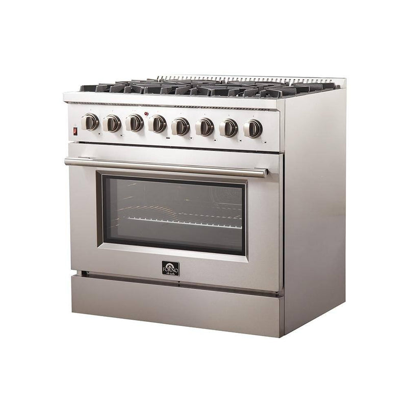 Forno 5-Piece Appliance Package - 36-Inch Dual Fuel Range, 60-Inch Refrigerator, Wall Mount Hood, 24-Inch Microwave Oven, & Dishwasher in Stainless Steel