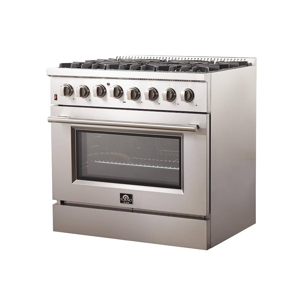 Stainless steel dual fuel range with control knobs and closed oven door