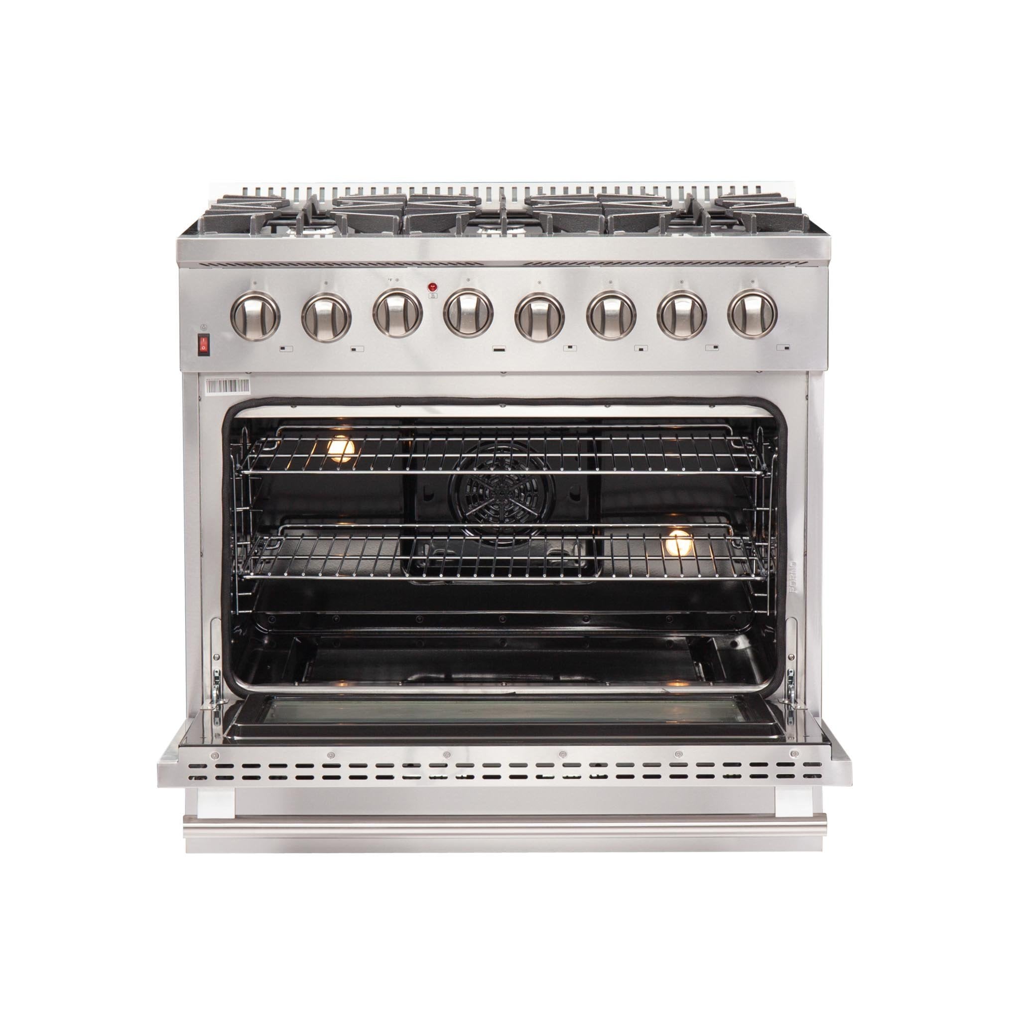 Stainless steel dual fuel range with open oven and multiple rack levels