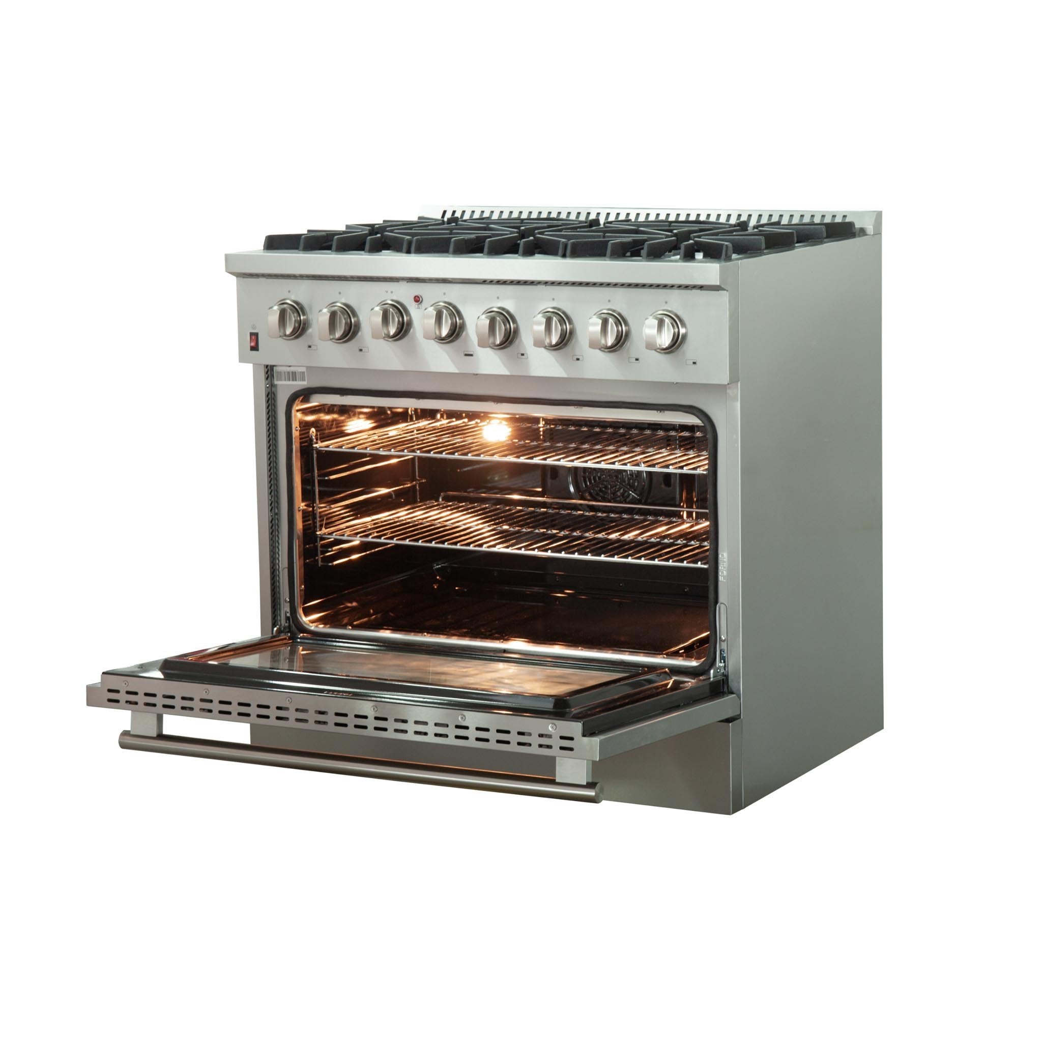 Stainless steel dual fuel range with open oven door and illuminated interior
