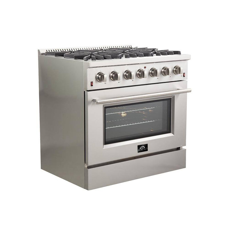Forno 3-Piece Appliance Package - 36-Inch Gas Range, Refrigerator, & Wall Mount Hood with Backsplash in Stainless Steel