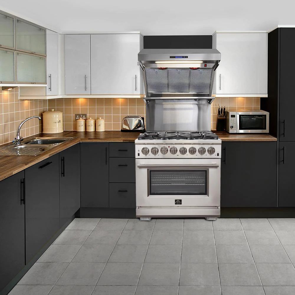 Stainless steel gas range with oven door and control panel